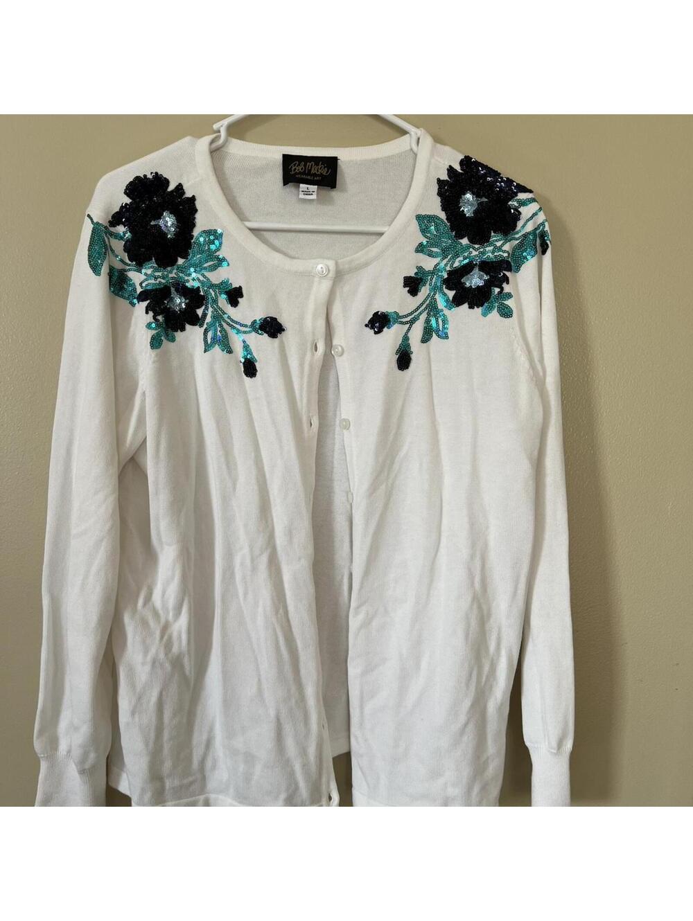 Bob Mackie Wearable Art White Sequin Floral Cardigan Women's Large